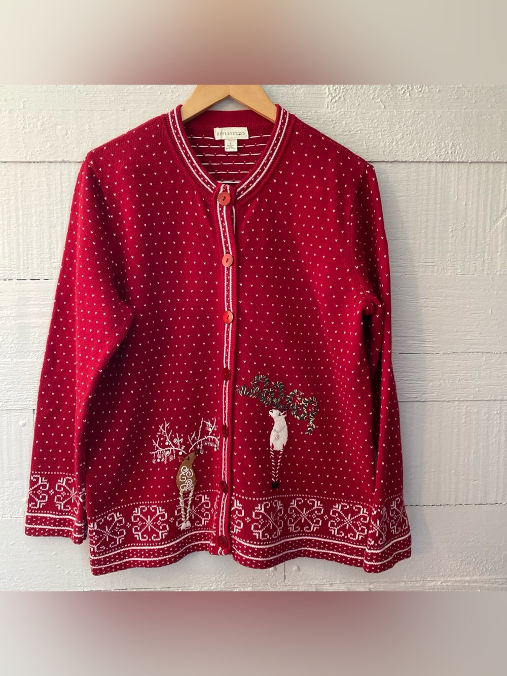Vintage Appleseed’s Christmas Sweater Cardigan  “Ugly” Cotton Reindeer Red Large